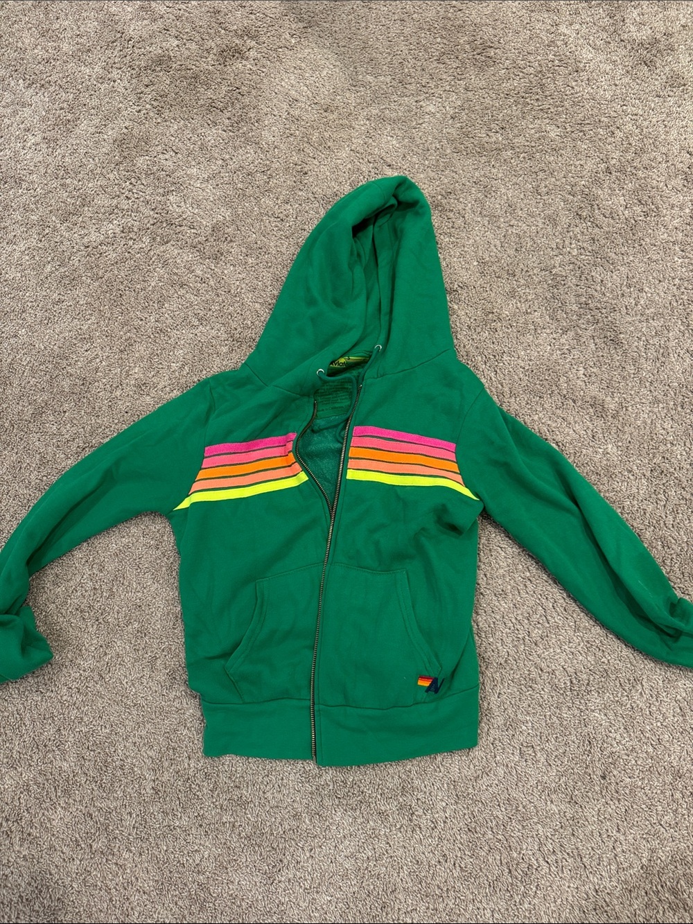 Aviator Nation Green Zip Hoodie with Pink, Orange & Yellow Chest Stripes